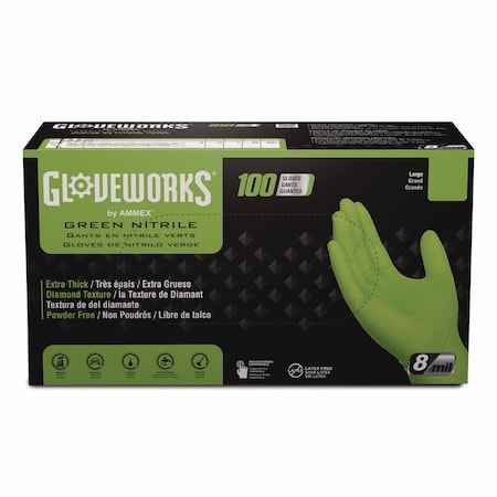 Gloveworks By Ammex Disposable Gloves, Heavy Duty, Nitrile, 8 mil, Powder-Free, M, 1000 PK, Green GWGN44100
